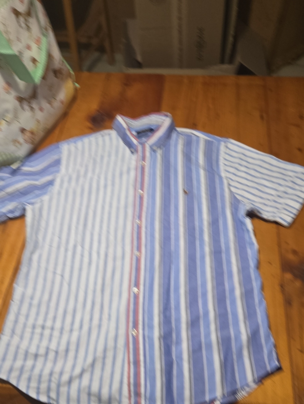 Ralph Lauren Blue and White Vertical Stripe Short-Sleeve Button-Down Sz Xl Slim